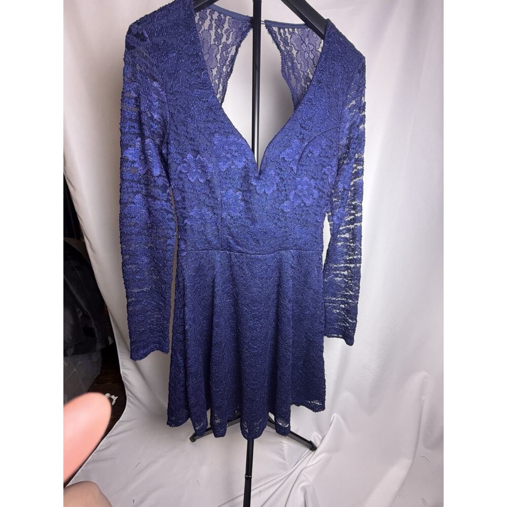 TRIXXI Mini Dress Womens L Navy Blue Lace Long Sleeve V Neck Fit Flare A Line